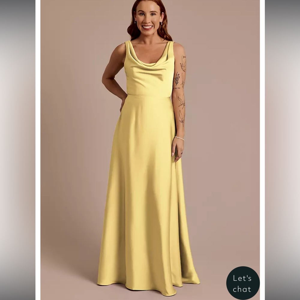 CELEBRATE DB STUDIO Matte Satin Cowl Neck Tie Back Dress in Pale Yellow